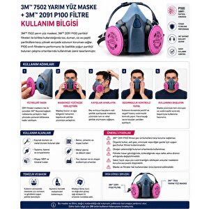 3m 7502 Yarım Yüz Maskesi + 3m 2091 P100 Noısh Partikül Filtresi 1 Çift