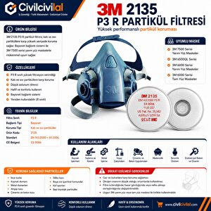 3m 7502 Yarım Yüz Maskesi + 3m 2135 P3 Filtre