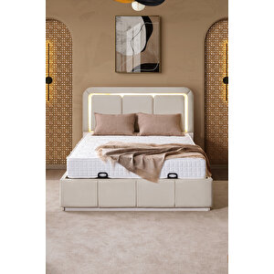 Demonte Baza Seti, Nox Ledli Çift Kişilik Baza Başlık Seti - İkili Set, Bej - 160x200 Cm