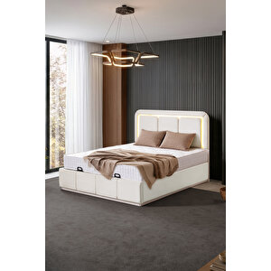 Demonte Baza Seti, Nox Ledli Çift Kişilik Baza Başlık Seti - İkili Set, Krem - 160x200 Cm