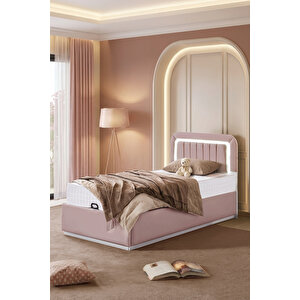 Demonte Baza Seti, Valens Ledli Tek Kişilik Baza Başlık Maxi Yatak Seti, Pembe - 100x200 Cm