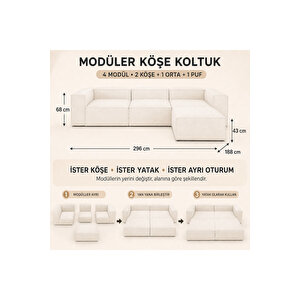 Mina Relax 4 Modül Köşe Koltuk Krem Keten Kumaş