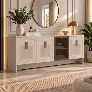 Home Favori 4 Kapaklı Konsol Membran Mdf Konsol Temperli Cam Konsol 180 Cm Çok Amaçlı Salon Ve Yemek Odası