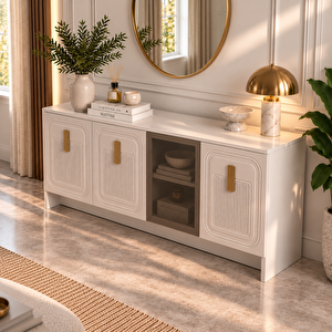 Home Favori 4 Kapaklı Konsol Membran Mdf Konsol Temperli Cam Konsol 180 Cm Çok Amaçlı Salon Ve Yemek Odası