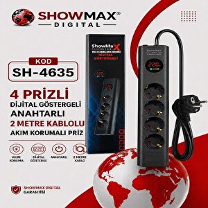 Sh-4635 Dijital Göstergeli 4lü 2metre Kablolu Akım Korumalı Grup Priz