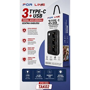 Forline 3 Soketli Type-c + 2 Usb Girişli 2metre Kablolu Akım Korumalı Grup Priz