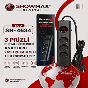 Sh-4634 Dijital Göstergeli 3lü 2metre Kablolu Akım Korumalı Grup Priz