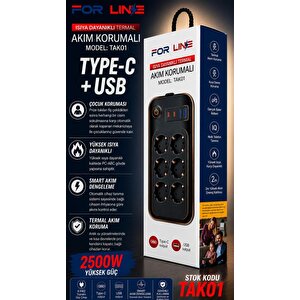 Forline 6 Soketli 2 Type-c + 2 Usb Girişli 2metre Kablolu Akım Korumalı Grup Priz