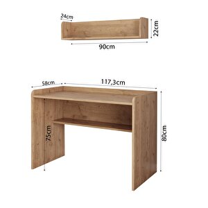 V2150 Daffy Duvar Raflı Çalışma Masası Sepet - 117,3cm Geniş Masa,90cm Duvar Rafı Ve Yuvarlak Köşeli