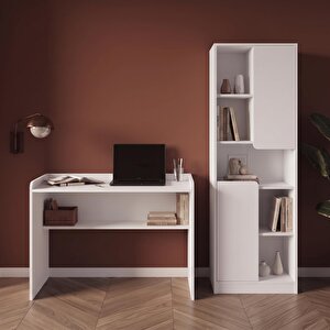 T2140 Daffy Çalışma Masası Ve Kitaplık Takımı Beyaz - Raflı Masa Ve 2 Kapaklı 9 Bölmeli Kitaplık