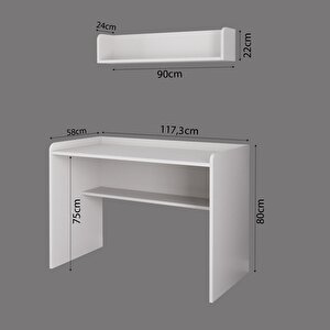 V2140 Daffy Duvar Raflı Çalışma Masası Beyaz 117,3cm Geniş Masa 90cm Duvar Raflı Yuvarlak Köşeli