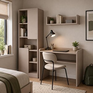 U2130 Daffy Çalışma Odası Takımı Kumtaşı Çalışma Masası, 183 Cm Kitaplık Ve Duvar Raflı 3 Parça Set