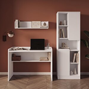 U2140 Daffy Çalışma Odası Takımı Beyaz Çalışma Masası, 183 Cm Kitaplık Ve Duvar Raflı 3 Parça Set