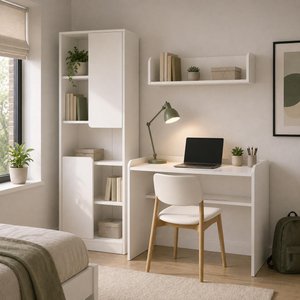 U2140 Daffy Çalışma Odası Takımı Beyaz Çalışma Masası, 183 Cm Kitaplık Ve Duvar Raflı 3 Parça Set