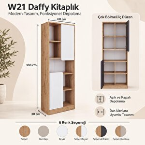 W2150 Daffy Kitaplık Sepet - 183 Cm Yüksek, 2 Kapaklı, Raflı Ve 9 Bölmeli Çok Amaçlı Dolap
