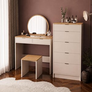 U2080 Geniş Dolaplı Tabureli Flora Makyaj Masası Seti Sepet-kumtaşı - Oval Aynalı Ve 5 Çekmeceli