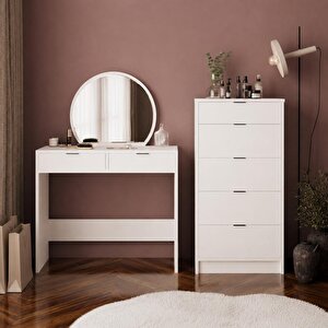 T2070 Geniş Dolaplı Flora Makyaj Masası Seti Beyaz - Oval Aynalı Ve Geniş 5 Çekmeceli