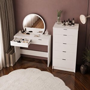 T2070 Geniş Dolaplı Flora Makyaj Masası Seti Beyaz - Oval Aynalı Ve Geniş 5 Çekmeceli