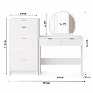 T2070 Geniş Dolaplı Flora Makyaj Masası Seti Beyaz - Oval Aynalı Ve Geniş 5 Çekmeceli