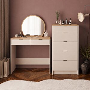 T2080 Geniş Dolaplı Flora Makyaj Masası Seti Sepet-kumtaşı - Oval Aynalı Ve Geniş 5 Çekmeceli