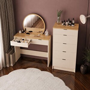 T2080 Geniş Dolaplı Flora Makyaj Masası Seti Sepet-kumtaşı - Oval Aynalı Ve Geniş 5 Çekmeceli