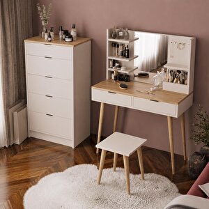 U4080 Valeralı Tabureli Bella Makyaj Masası Seti Sepet-kumtaşı - Aynalı, Raflı Ve Torna Ayaklı