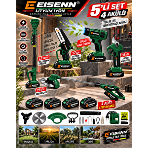 Eisenn German 5 Lİ Set Yellow 4 Akülü Budama Makası Zincirli Yağlamalı Dal Kesme Teleskop Uzatma Hediyeli