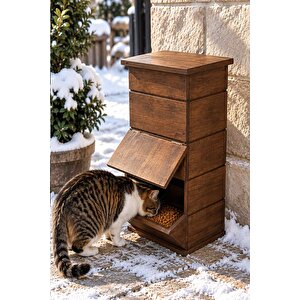 Ahşap Ceviz Cilalı Mama İstasyonu, Yağmura Ve Rüzgara Dayanıklı Uzun Ömürlü Sokak Kedileri İçin Mama Kabı 50x25x25 Cm Mldcat (monteli Teslimat)