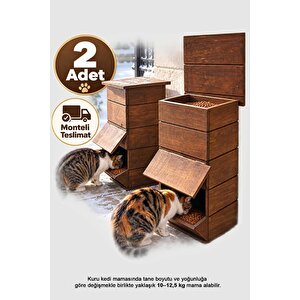 2 Adet Ahşap Ceviz Cilalı Mama İstasyonu, Yağmura Ve Rüzgara Dayanıklı Uzun Ömürlü Sokak Kedileri İçin Mama Kabı 50x25x25 Cm Mldcat (monteli Teslimat)
