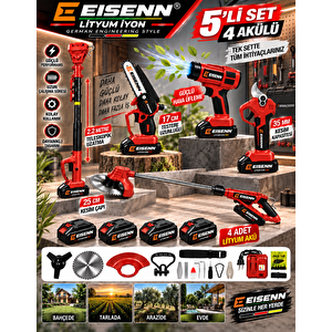 Eısenn German 4 Akülü 5 Lİ Bahçe Set Zincirli Otomatik Yağlamalı Dal Kesme Budama Makası Teleskop Tırpan Hava Üfleme