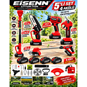 Eısenn Red 500 Full 5 Li Bahçe Seti Makas 17 Cm Testere Hava Üfleme Çim Biçme Teleskop +4 Akülü