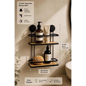 Metal Bambu Vakumlu Yapışkanlı Banyo Rafı 2 Katlı Duş Içi Düzenleyici
