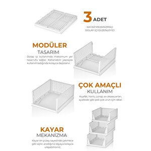 3'lü Beyaz Modüler Raf Seti – Kayar Mekanizmalı Dolap İçi Düzenleyici