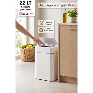 Sensörlü Otomatik Kapak Açan Çöp Kovası Hijyenik Kullanım Akıllı Mutfak Banyo 22 Lt Beyaz