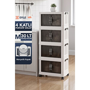 Katlanabilir 4 Katlı "medium" 30 Lt Tekerlekli Manyetik Kapaklı Portatif Saklama Dolabı Beyaz