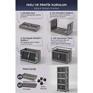 Katlanabilir 4 Katlı "medium" 30 Lt Tekerlekli Manyetik Kapaklı Portatif Saklama Dolabı Antrasit