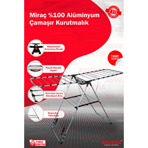 Miraç %100 Alüminyum Çamaşır Kurutmalık Paslanmaz Kalın Borulu Katlanır Kanatlı Çamaşır Askılığı