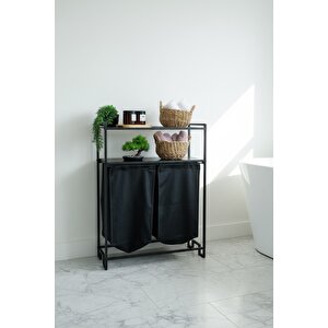 Banyo/çamaşır Odası Için 2 Raflı, 2 Bölmeli Metal Çamaşır Sepeti Ve Düzenleyici Raf Ünitesi - Siyah