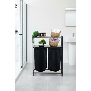 Banyo/çamaşır Odası Için 2 Raflı, 2 Bölmeli Metal Çamaşır Sepeti Ve Düzenleyici Raf Ünitesi - Siyah