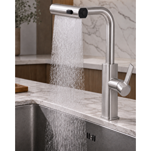 Mutfak Eviye Bataryası - 3 Farklı Akış Modlu - Spiralli Eviye Bataryası- Modern Tasarım Inoks Renk Inox