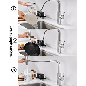 Mutfak Eviye Bataryası - 3 Farklı Akış Modlu - Spiralli Eviye Bataryası- Modern Tasarım Inoks Renk Inox
