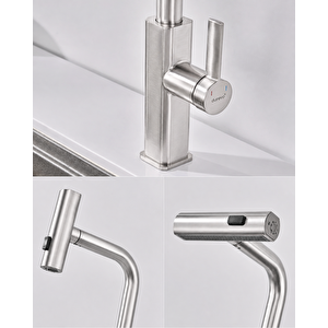Mutfak Eviye Bataryası - 3 Farklı Akış Modlu - Spiralli Eviye Bataryası- Modern Tasarım Inoks Renk Inox
