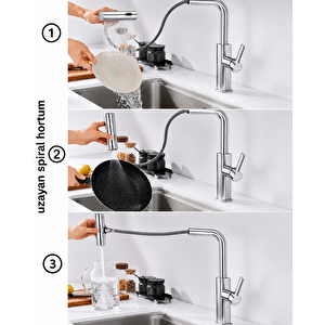 Mutfak Eviye Bataryası - 3 Farklı Akış Modlu - Spiralli Eviye Bataryası- Modern Tasarım Krom Renk Krom