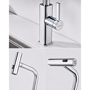 Mutfak Eviye Bataryası - 3 Farklı Akış Modlu - Spiralli Eviye Bataryası- Modern Tasarım Krom Renk Krom
