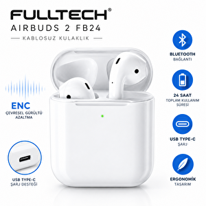 Airbuds 2 Fb24 Bluetooth Kablosuz Kulaklık Enc Gürültü Azaltma 24 Saat Kullanım Type-c Şarj – Beyaz