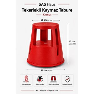 Sas Haus Tekerlekli Kaymaz Basamaklı Tabure  – Çift Katlı Devrilmez Güvenli Basamak Taburesi Kırmızı