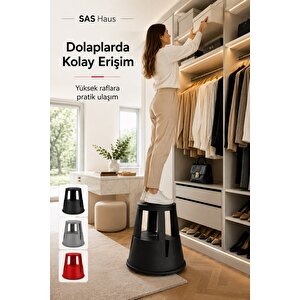 Sas Haus Tekerlekli Kaymaz Basamaklı Tabure  – Çift Katlı Devrilmez Güvenli Basamak Taburesi Siyah