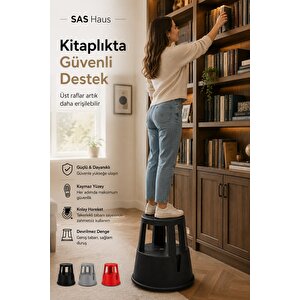 Sas Haus Tekerlekli Kaymaz Basamaklı Tabure  – Çift Katlı Devrilmez Güvenli Basamak Taburesi Siyah