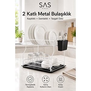 Sas Haus 2 Katlı Metal Bulaşıklık Kaşıklıklı Ve Damlalıklı Tezgâh Üstü Bulaşık Kurutmalık Dtb-02 Beyaz
