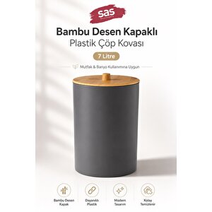 Sas Haus Bambu Desen Kapaklı Çöp Kovası 7 Litre Antrasit Plastik Banyo Mutfak Çöp Kutusu